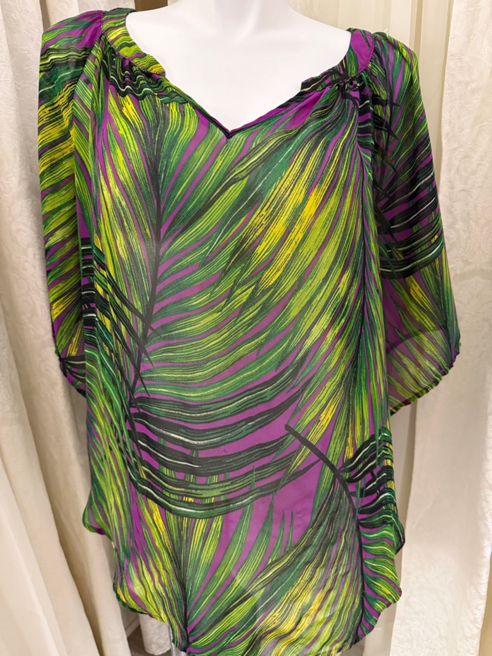Worthington Woman Multicolor Leaf-Print Blouse in Purple, Green & Yellow